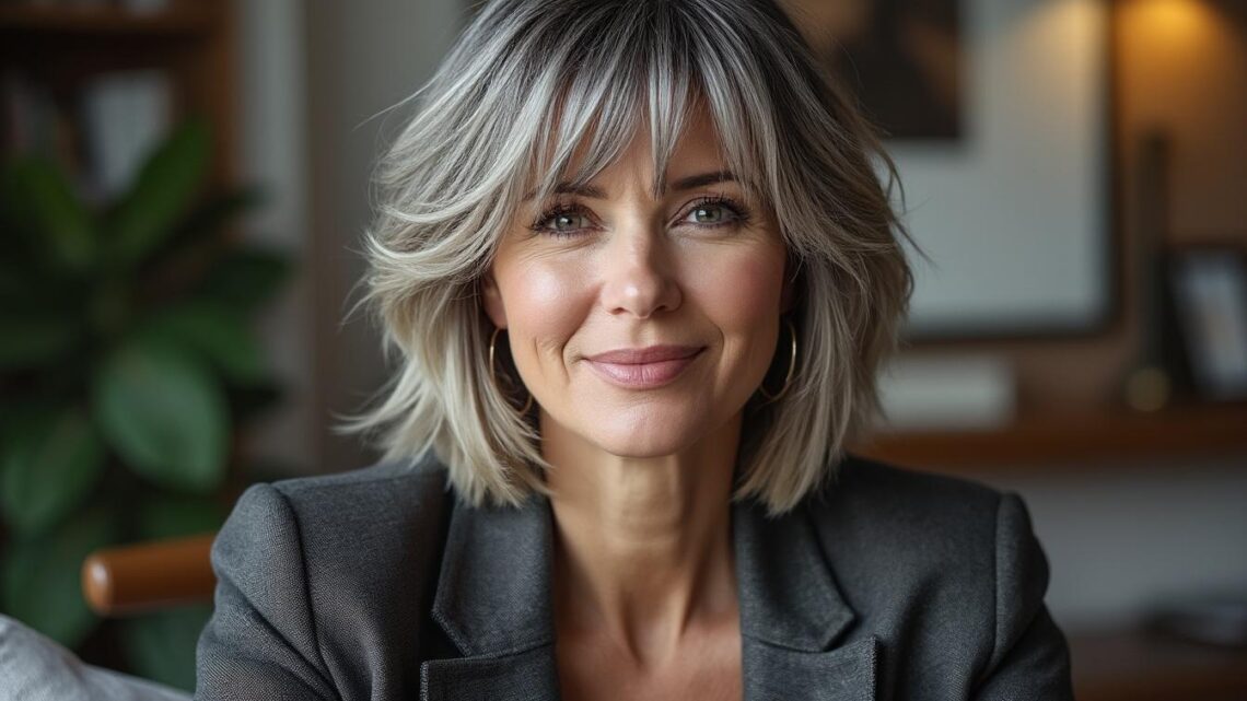 Coupe mi long dégradé effilé avec frange 60 ans : look tendance