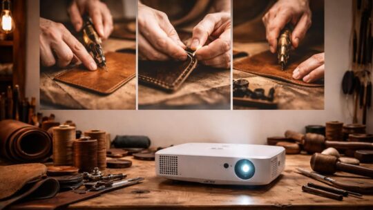 Savoir-faire cuir : vidéos artisanales projetées via vidéoprojecteur Acer