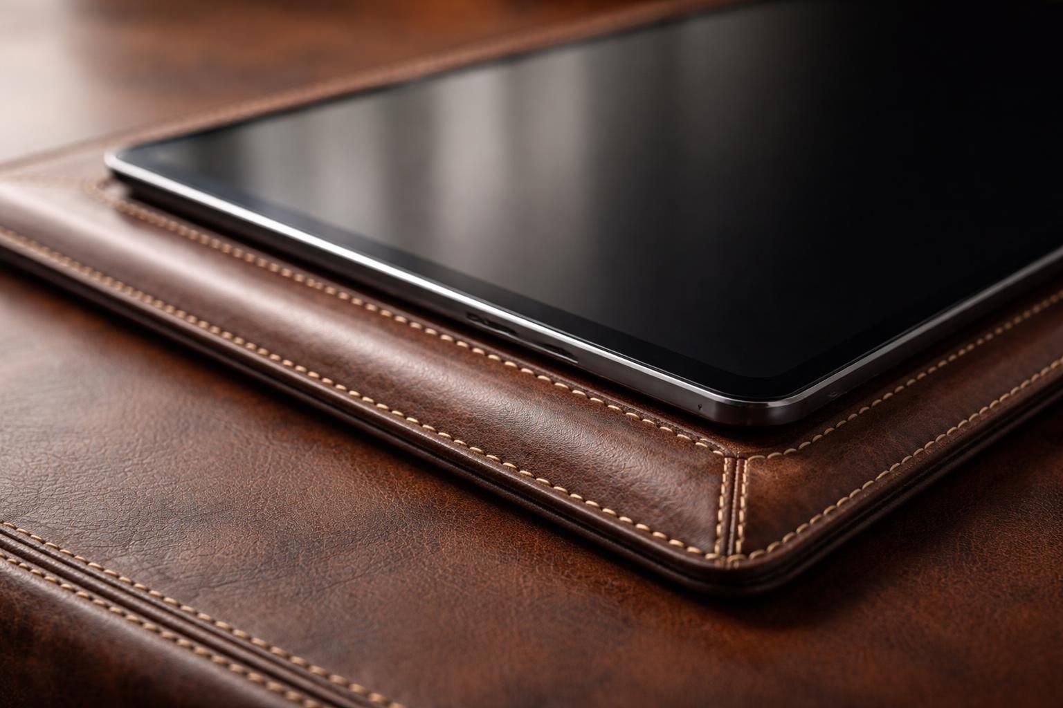 découvrez comment le zoom sur le cuir et les coutures met en valeur la finition d'une tablette tactile, alliant élégance et qualité artisanale.