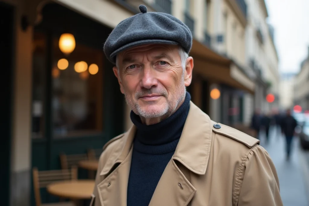 Homme français d'âge mûr portant un béret en laine anthracite incliné sur le côté devant une terrasse de café parisien