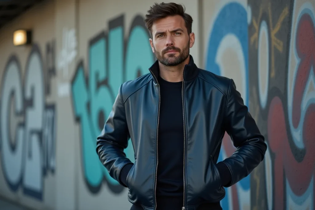 Homme portant un blouson en cuir bleu marine fermé par une fermeture éclair devant un mur en béton urbain