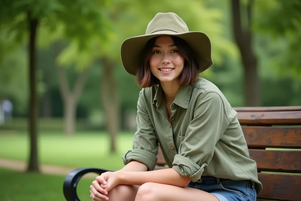 Jeune femme portant un bob en coton vert olive à large bord assise sur un banc de parc en été
