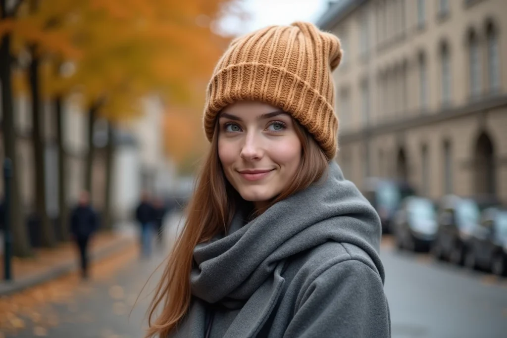Jeune femme portant un bonnet en laine tricoté gris sur une rue pavée en automne