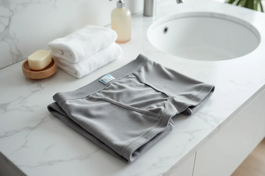Boxer en jersey de coton gris plié sur un plan de travail en marbre blanc dans une salle de bain minimaliste