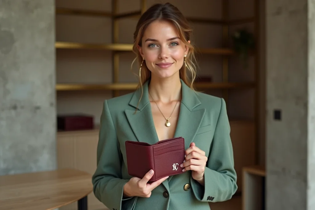 Jeune femme tenant un portefeuille personnalisé monogramme bordeaux dans une boutique de maroquinerie parisienne contemporaine