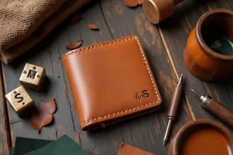 Portefeuille en cuir personnalisé avec initiales gravées au tampon laiton sur table d'atelier en bois, entouré d'outils de maroquinerie artisanale