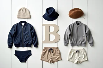 Plateau de vêtements commençant par la lettre B : bonnet, blouson, bob, béret, bermuda, boxer et boléro disposés en flat lay sur fond blanc
