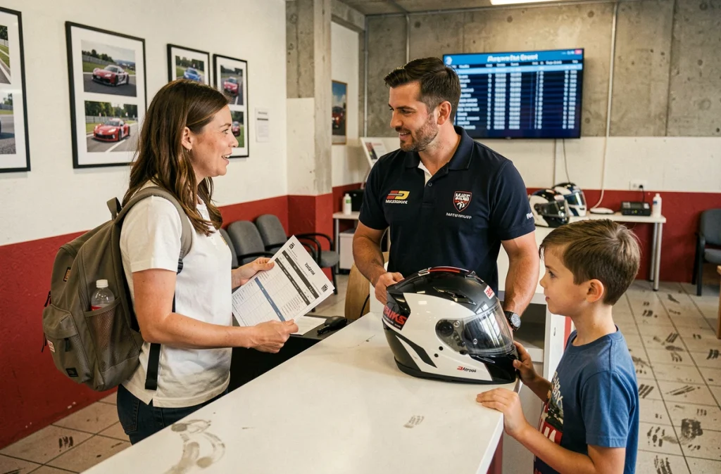 Mère et enfant à l'accueil d'un centre de loisirs motorsport, consultation du planning d'activités et équipements de sécurité exposés au comptoir
