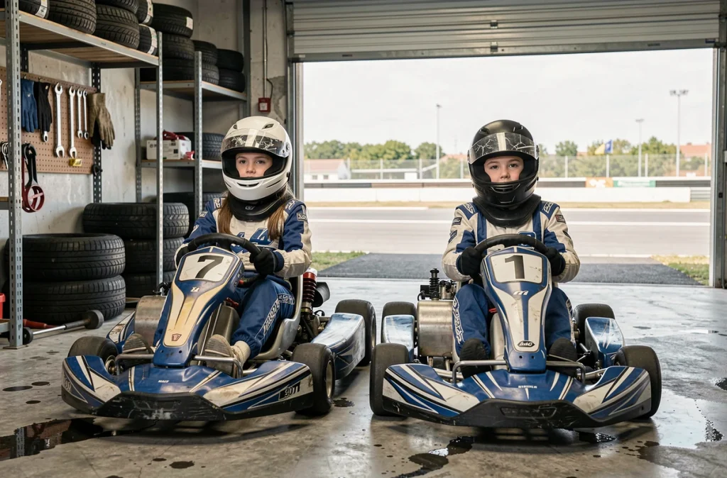 Deux adolescents en combinaison et casque de karting assis dans leurs karts dans le garage des stands, préparation à la session de conduite au circuit Macarthur Miramas