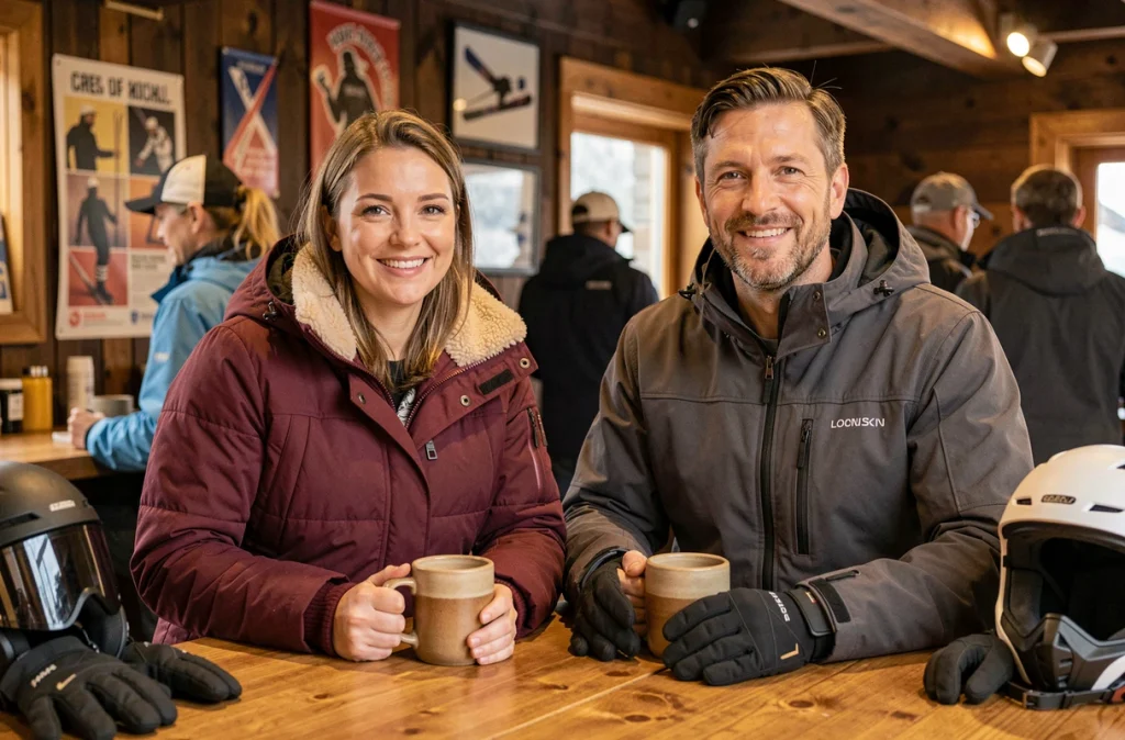 Deux amis portant des parkas et vestes de ski haut de gamme dans un bar d'après-ski en chalet montagnard, illustrant le style et l'investissement dans la mode ski de luxe