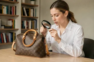 Femme examinant un sac Louis Vuitton à l'aide d'une loupe pour en vérifier l'authenticité