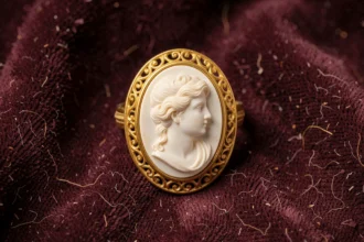 Gros plan d'une bague camée ancienne en or jaune avec motif profil féminin sculpté sur velours bordeaux