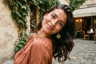 Jeune femme bohème portant une boucle d'oreille dorée Ma Bohème dans une cour parisienne en pierre, style mode signature