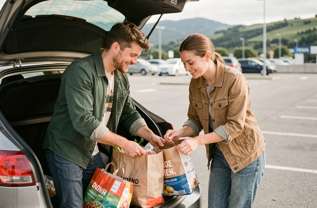 Couple de clients triant leurs achats dans le coffre de leur voiture après avoir fait des économies au magasin Dancharia