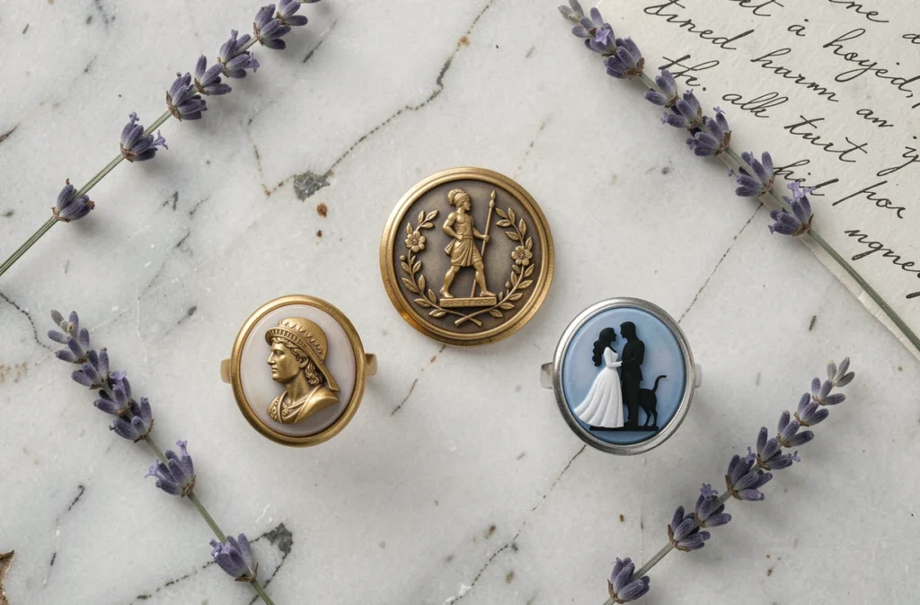 Trois bagues camées anciennes aux motifs variés disposées sur marbre blanc avec lavande séchée et lettre manuscrite
