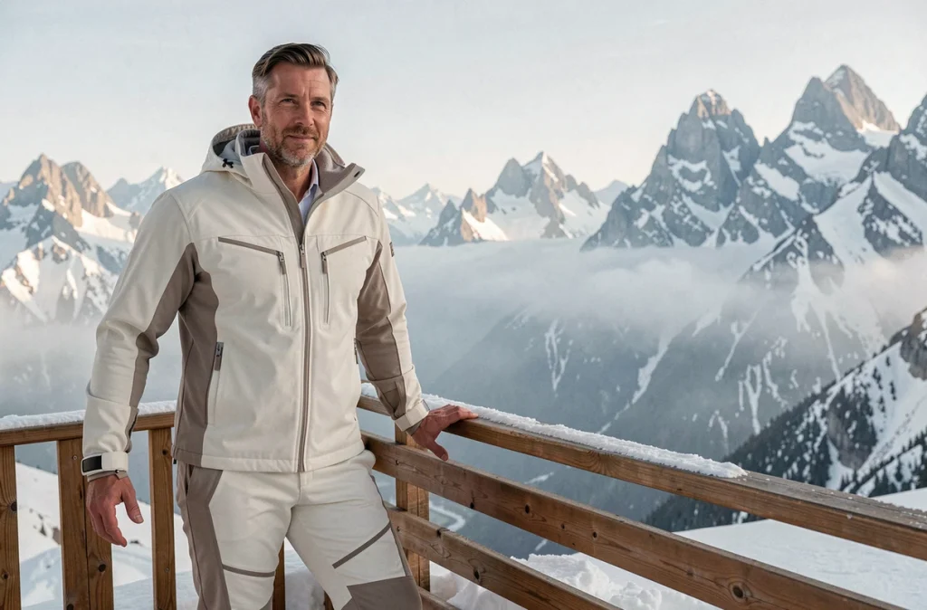 Homme en combinaison de ski premium blanc et taupe sur une terrasse enneigée avec vue panoramique sur les Alpes, évoquant le luxe et l'investissement vestimentaire