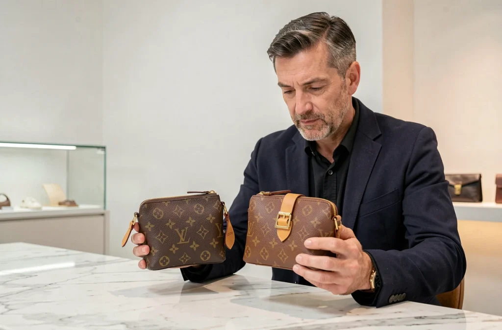 Comparaison côte à côte d'un article Louis Vuitton authentique et d'une contrefaçon sur un comptoir en marbre