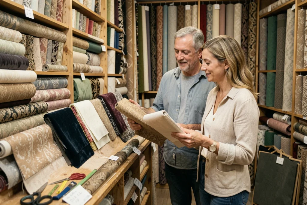 Couple choisissant des échantillons de tissu pour rideaux et linge de maison dans une boutique de couturier à Reims