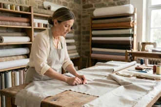 Couturière mesurant du tissu pour des rideaux sur mesure dans un atelier de Reims avec des rouleaux de tissu en arrière-plan