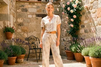 Jeune femme portant un ensemble fleur en lin ivoire sur une terrasse ensoleillée avec des plantes en pot