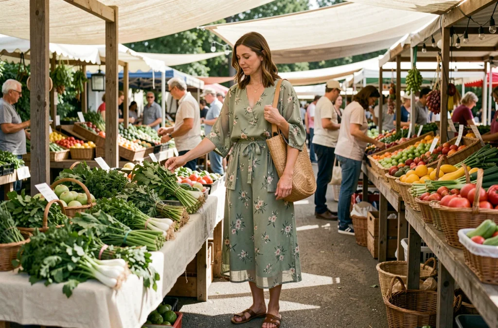 Femme en ensemble fleur en voile de coton vert sauge au marché en plein air en été