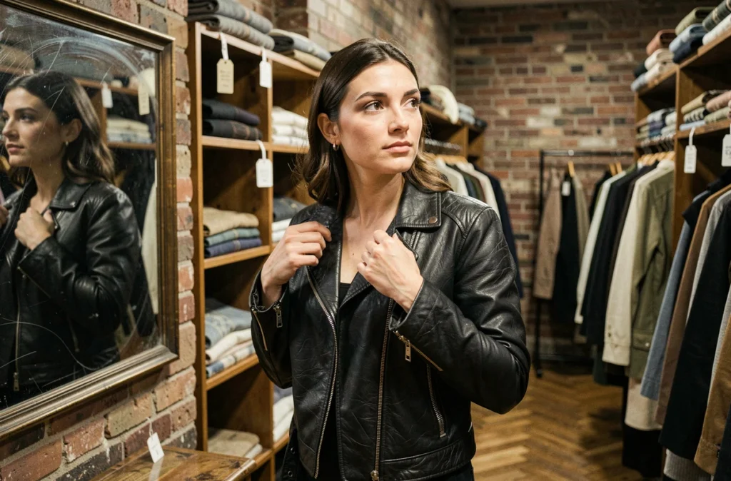 Jeune femme essayant une veste en cuir noire vintage dans une boutique de fripes, miroir ancien en arrière-plan