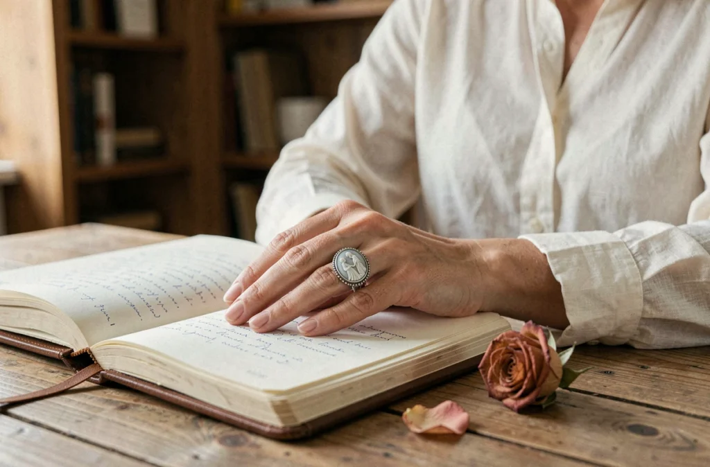 Main de femme portant une bague camée en argent avec motif de deux figures enlacées posée sur un journal en cuir
