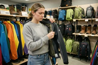 Femme examinant l'étiquette d'une veste de montagne dans un magasin de sport, comparant la qualité pour éviter les pièges marketing