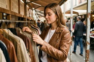 Femme portant une veste en cuir vintage marron dans un marché aux puces, parcourant des vêtements de seconde main