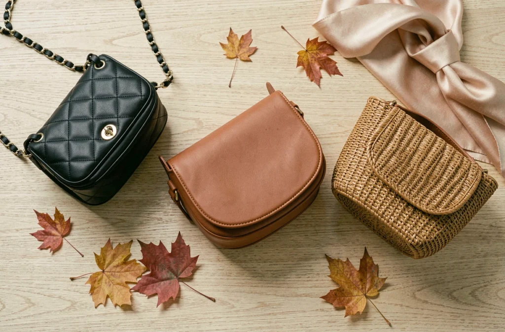Flat-lay de trois sacs à main intemporels — sac matelassé noir, sac saddle cognac et sac en osier — posés sur une surface en bois clair avec feuilles d'automne