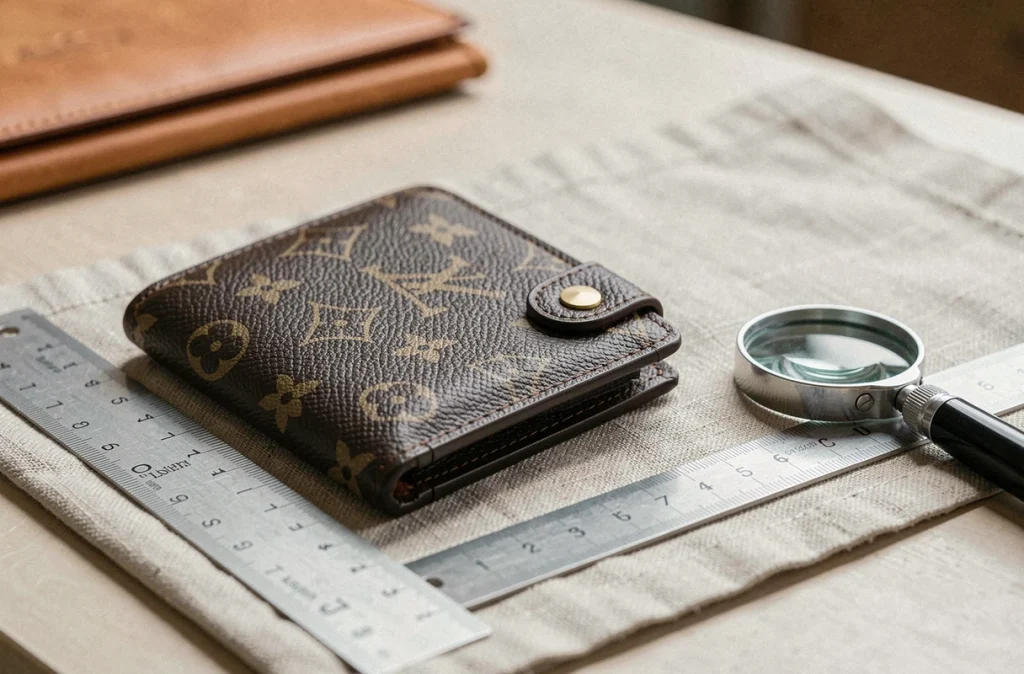Gros plan d'un portefeuille Louis Vuitton posé sur du lin avec une loupe et une règle pour l'authentification