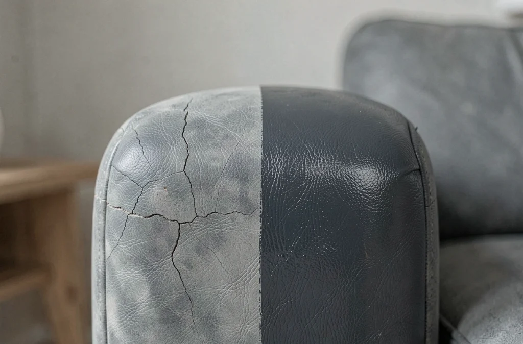 Gros plan sur un accoudoir de canapé en similicuir à moitié peint avec de la peinture pour cuir