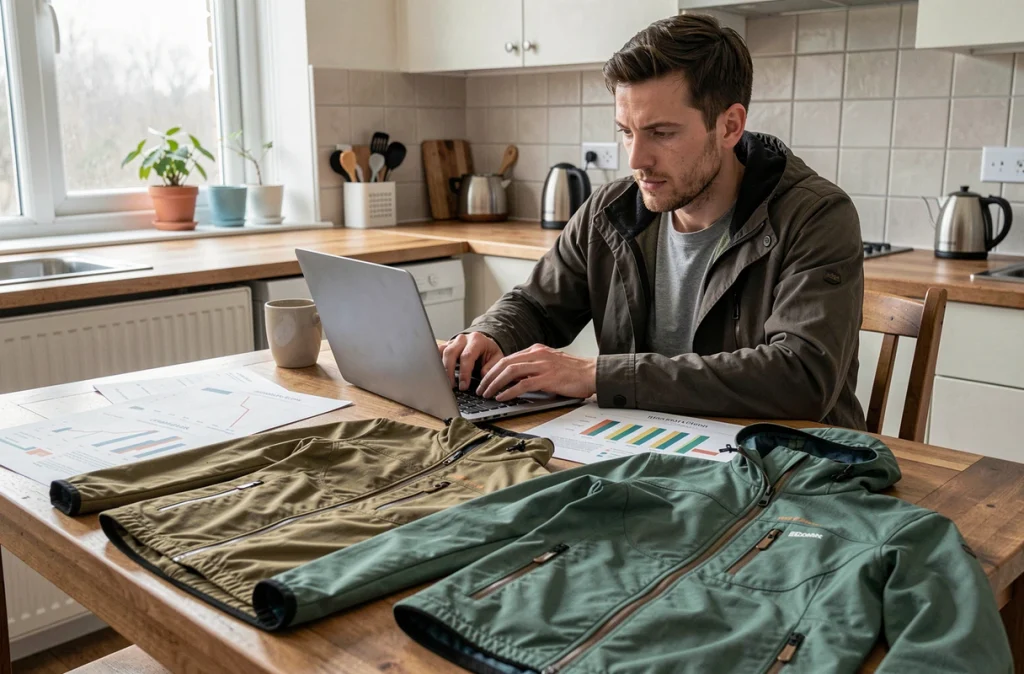 Homme comparant deux vestes de randonnée pour débutant sur une table avec des fiches comparatives, recherche pour éviter les arnaques marketing