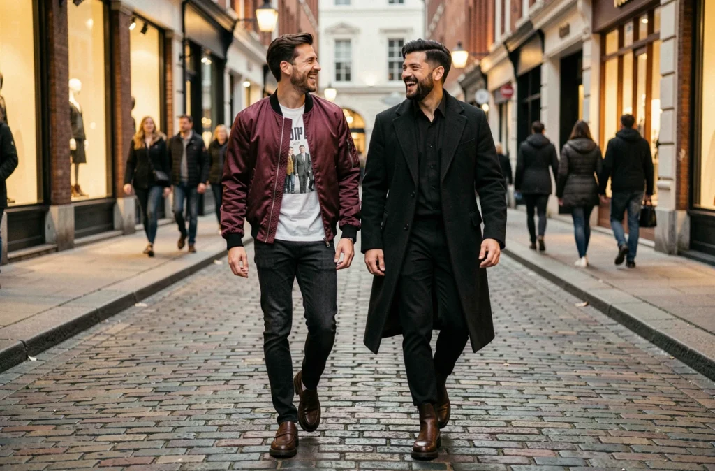 Deux amis en tenues de soirée drip fashion marchant dans une rue pavée avec bomber bordeaux et manteau noir