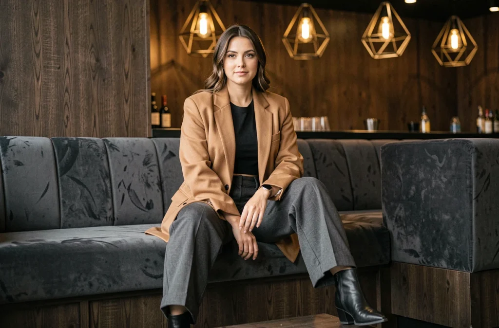 Femme élégante en look soirée drip avec blazer camel et pantalon large dans un bar contemporain
