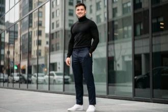 Jeune homme stylé en look de soirée drip avec turtleneck noir et sneakers blanches devant un immeuble urbain moderne