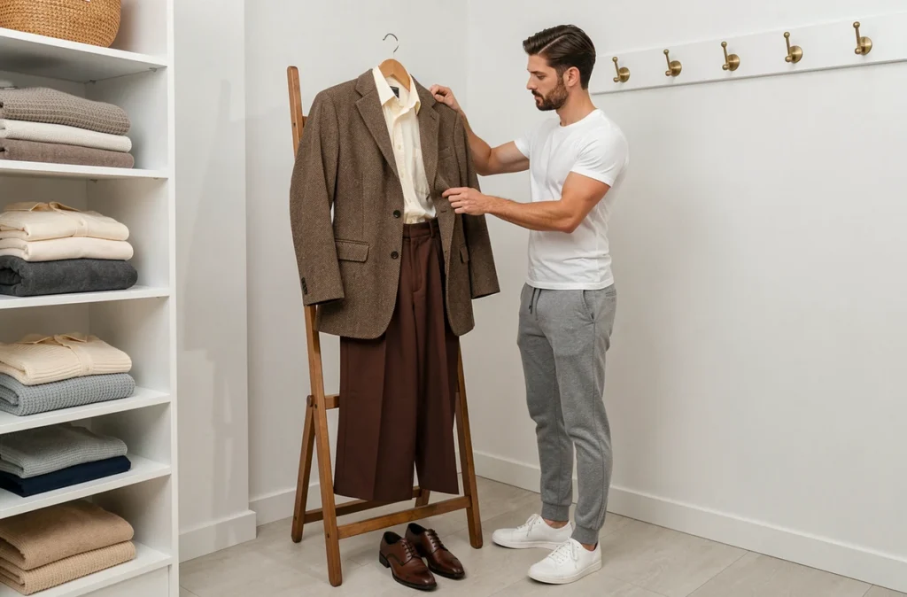 Homme arrangeant une tenue vintage années 30 sur un valet en bois dans un dressing contemporain épuré