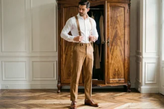 Homme élégant en pantalon taille haute camel et chemise oxford blanche style années 30 devant une armoire vintage dans un appartement parisien