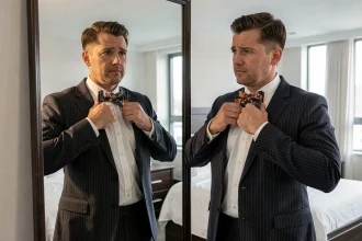 Homme ajustant un noeud papillon trop grand et mal assorti devant un miroir, illustrant une erreur de style courante