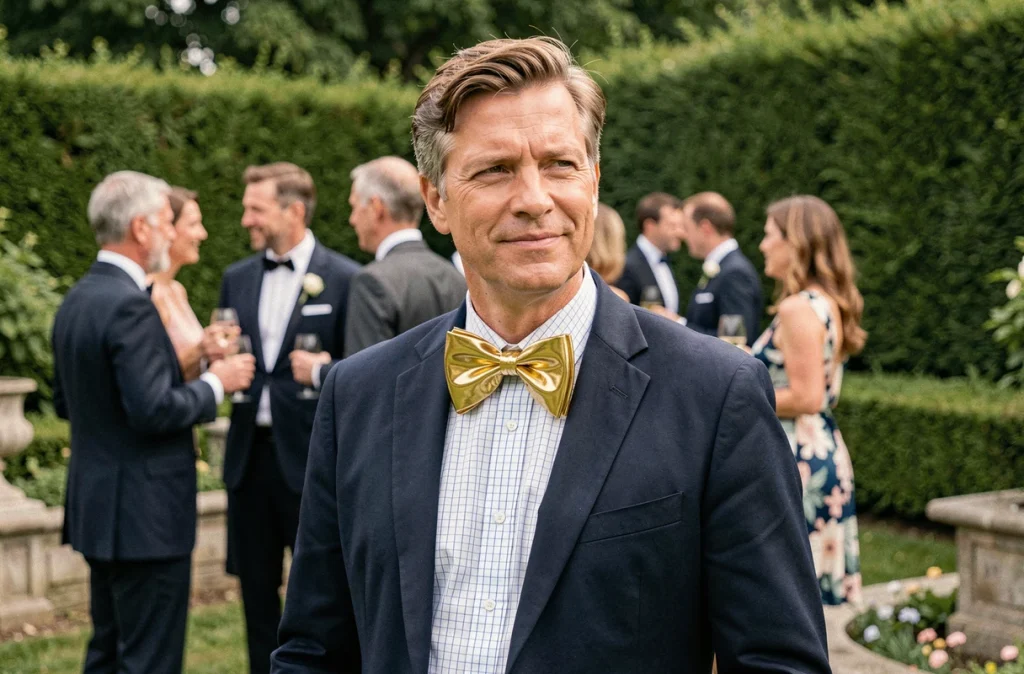 Homme portant un noeud papillon doré trop voyant avec une veste marine lors d'une réception en jardin