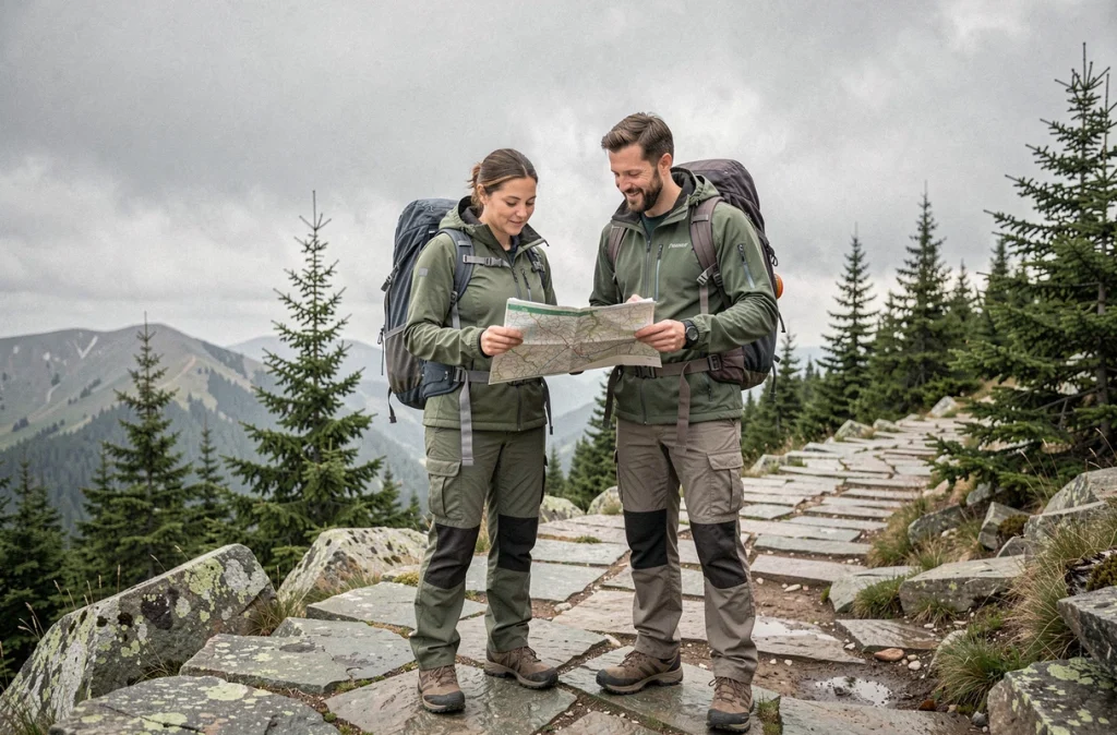 Deux randonneurs débutants en tenue de montagne entrée de gamme consultant une carte au départ d'un sentier, illustration du choix de matériel adapté