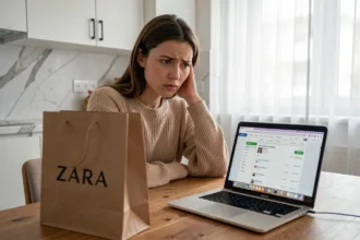 Jeune femme frustrée devant un ordinateur portable avec une page de suivi de commande Zara et un sac vide sur une table de cuisine