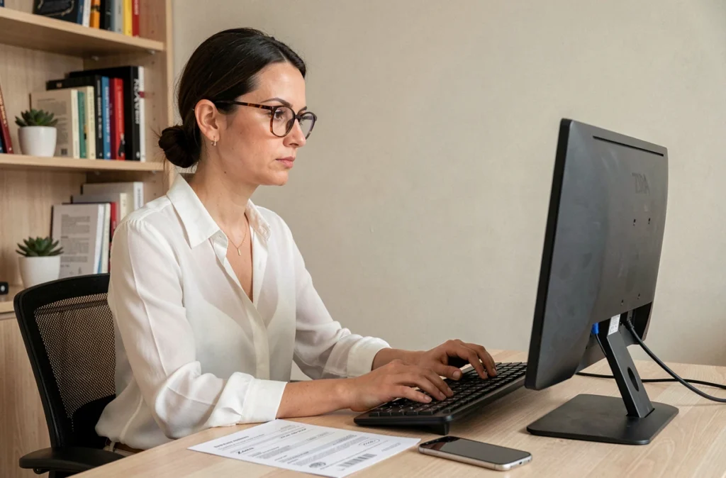 Femme envoyant un email de réclamation à Zara depuis son bureau à domicile avec une confirmation de commande imprimée