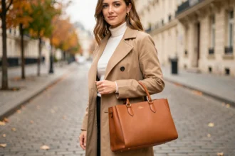 Femme tenant un sac cabas en cuir caramel structuré avec quincaillerie dorée, tenue beige élégante dans une rue parisienne en automne