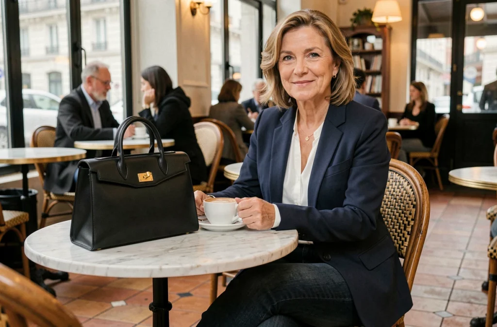 Femme élégante assise dans un café parisien avec un sac à main en cuir noir à poignées top-handle posé sur la table en marbre