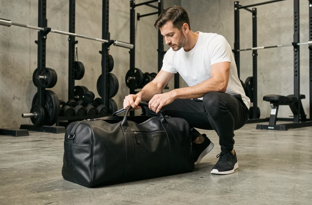 Homme accroupi devant un sac de sport en cuir noir dans une salle de musculation avec haltères en arrière-plan