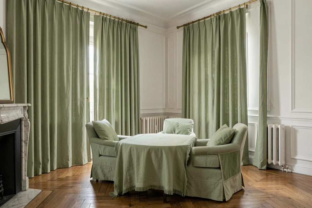 Salon classique rémois décoré de rideaux sur mesure en lin vert sauge et linge de maison coordonné