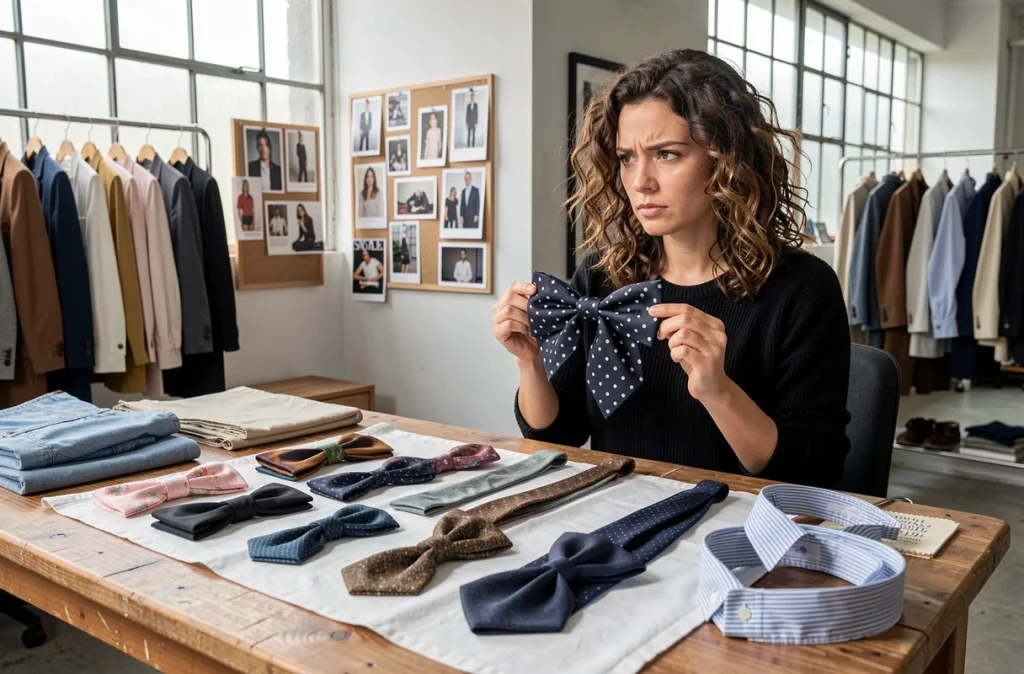 Styliste analysant des noeuds papillons mal assortis sur une table de travail en studio de mode