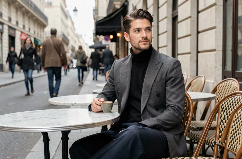 Homme assis en terrasse de café parisien portant un blazer croisé gris et un pantalon large à plis inspiré des années 30