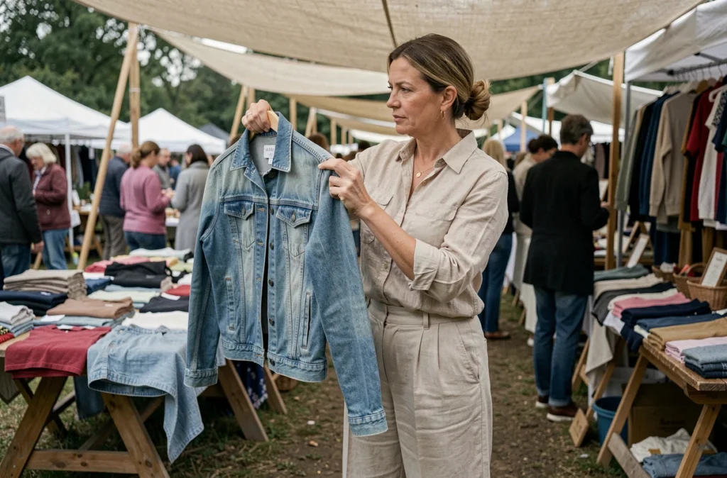 Femme examinant une veste en jean vintage sur un stand de marché aux puces en plein air